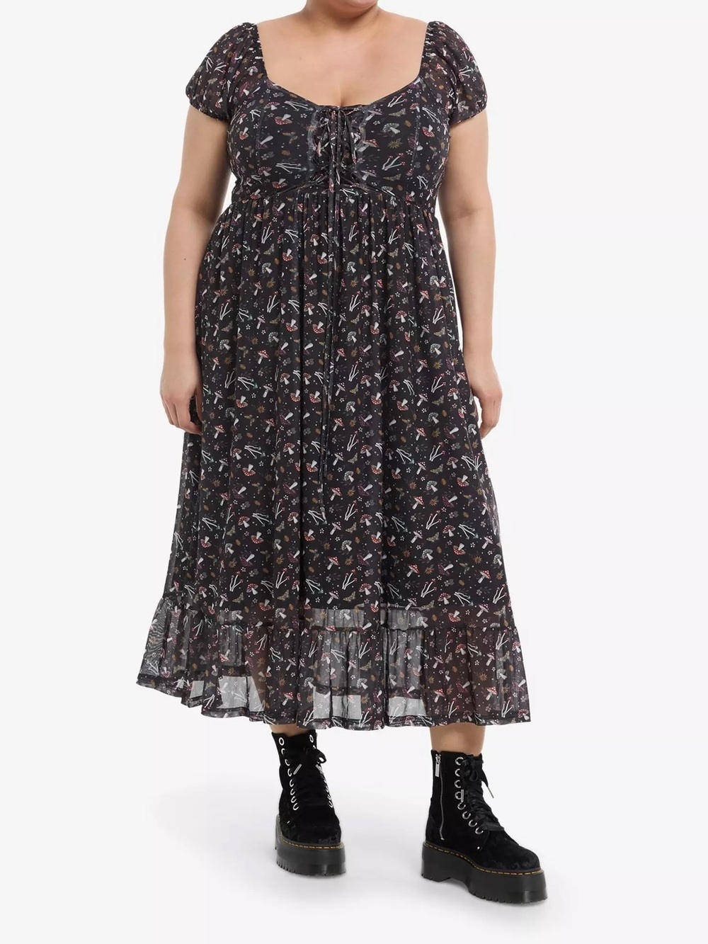 Hot Topic Black Floral Midi Dress with Puff Sleeves